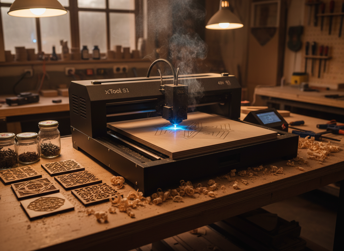 An xTool S1 40W diode laser engraver sitting on a wooden workbench in a woodshop, actively engraving a piece of wood with a glowing blue laser beam, wood shavings and finished engraved wooden pieces nearby, warm amber workshop lighting, professional photography, wide angle shot